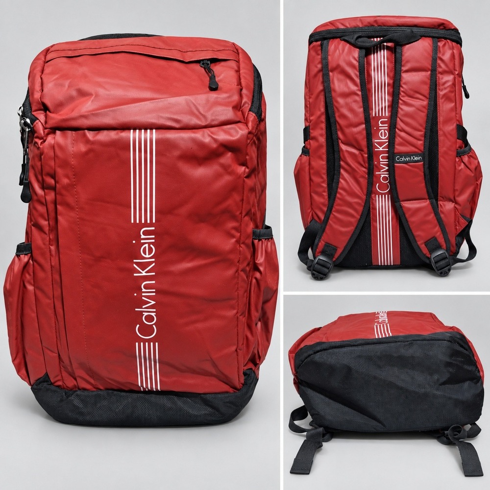Calvin Klein Red Coated Logo Backpack Sporty Commuter Laptop Bag Unisex